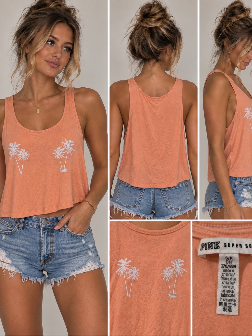 PINK Victoria's Secret Coral Palm Embroidered Scoop Tank